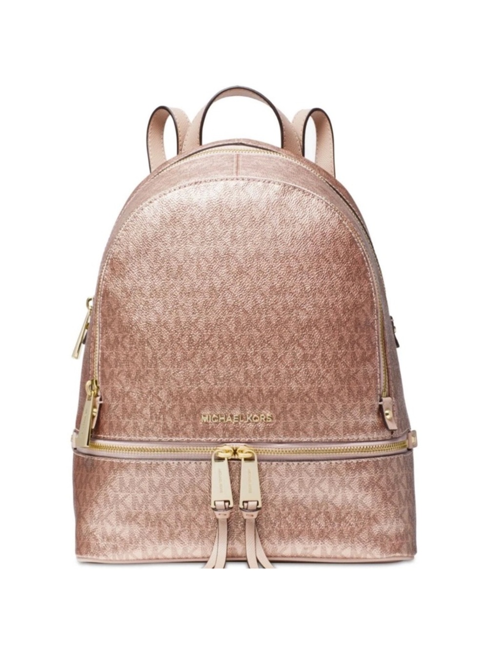 MICHAEL KORS Metallic Rose Gold Monogram Rhea Logo Backpack Rare